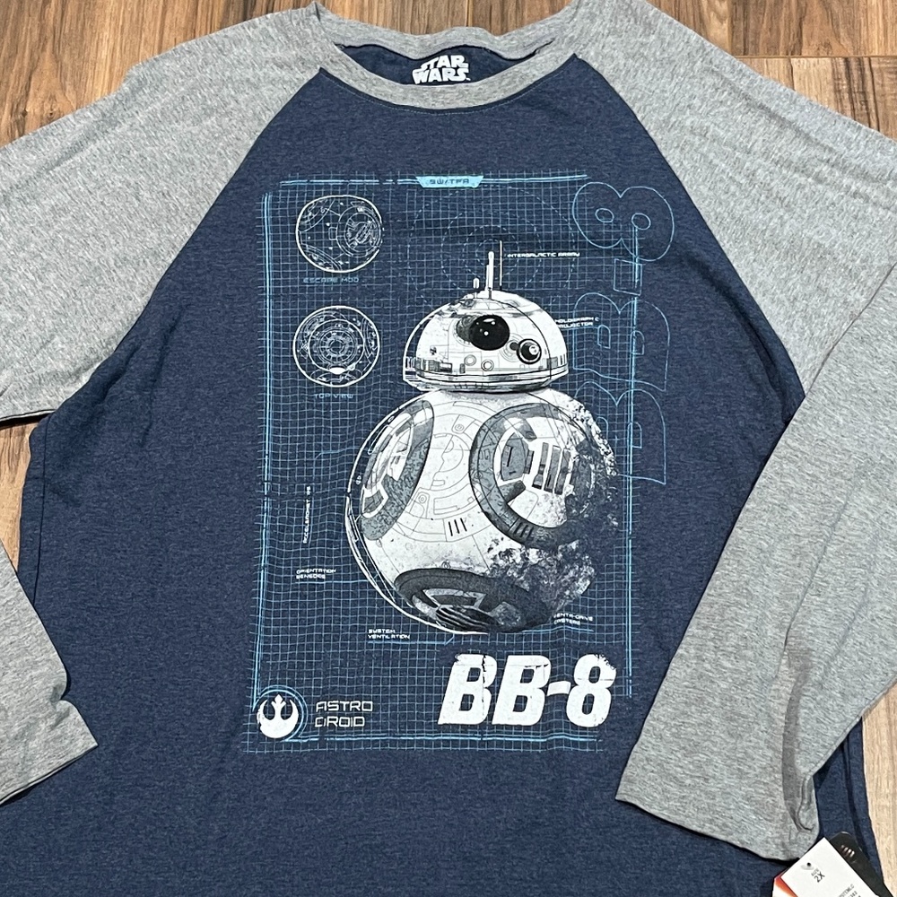 STAR WARS Shirt Graphic Tee BB-8 Gray Baseball Color Block Skywalker Disney Solo